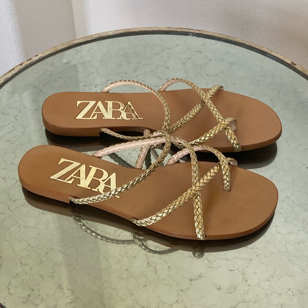 Zara braided gold strappy flat sandals